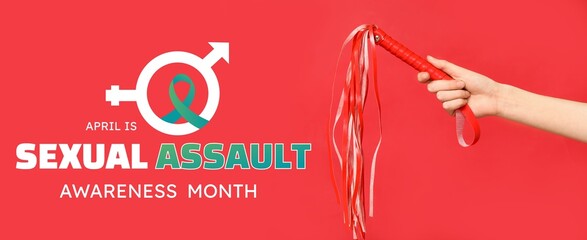Female hand with whip from sex shop on red background. Banner for Sexual Assault Awareness Month