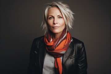 Portrait of a beautiful blonde woman with short hair wearing a black leather jacket and red scarf.