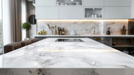 Empty white marble counter top table modern kitchen for display over bright luxury room background, product design on display.