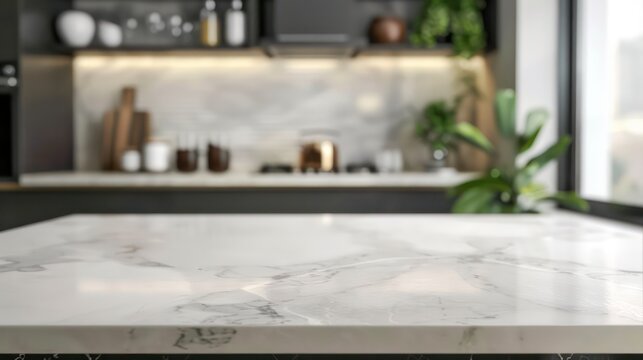 Marble table top with kitchen blurry loose focal background. contemporary 3D render scene. Close up photo of kitchen island