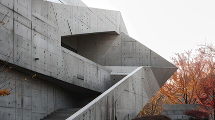 A concrete small building with a shape repeated three times, in city, in the style of precise nautical detail, dark white and gray, danube school, metallic surfaces, geometric shapes & patterns, desig