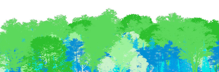 Detailed 3D silhouette visualization of a coniferous forest panorama on a transparent background. Technical map for graphic programs, render element for quick background replacement