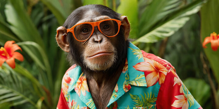 Chimp Chillout: A Tropical Resort Retreat. The image captures the essence of leisure and relaxation, with a playful twist, making it a unique and engaging visual treat.