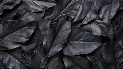 The concept of the leaves of Cannifolium spathiphyllum Dark black surface, abstract, natural background, tropical leaves