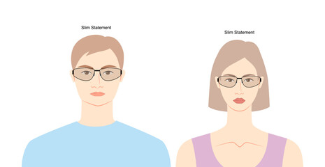 Obraz premium Slim Statement frame glasses on women and men flat character fashion accessory illustration. Sunglass front view unisex style, rim spectacles eyeglasses with lens sketch isolated on white background
