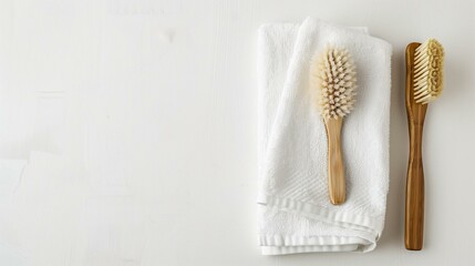 Fototapeta na wymiar Eco-Friendly Bamboo Toothbrushes on White Towel, Sustainable Hygiene Concept