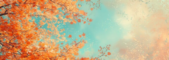 Enchanting Autumn Leaves and Trees Backdrop with Vivid Orange Foliage and Blue Sky - obrazy, fototapety, plakaty