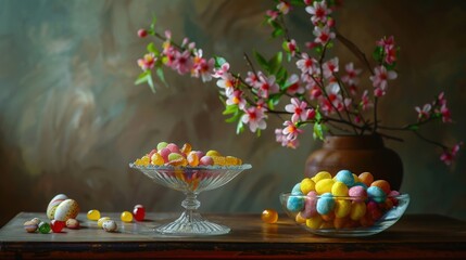 Easter still life with candies and colored dates on the table