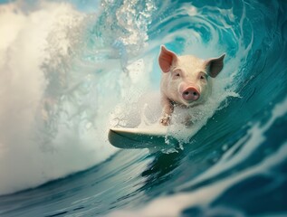 Cute pig on surfboard in ocean. Piggy swimming on surfboard. Minimalistic and modern summer concept.