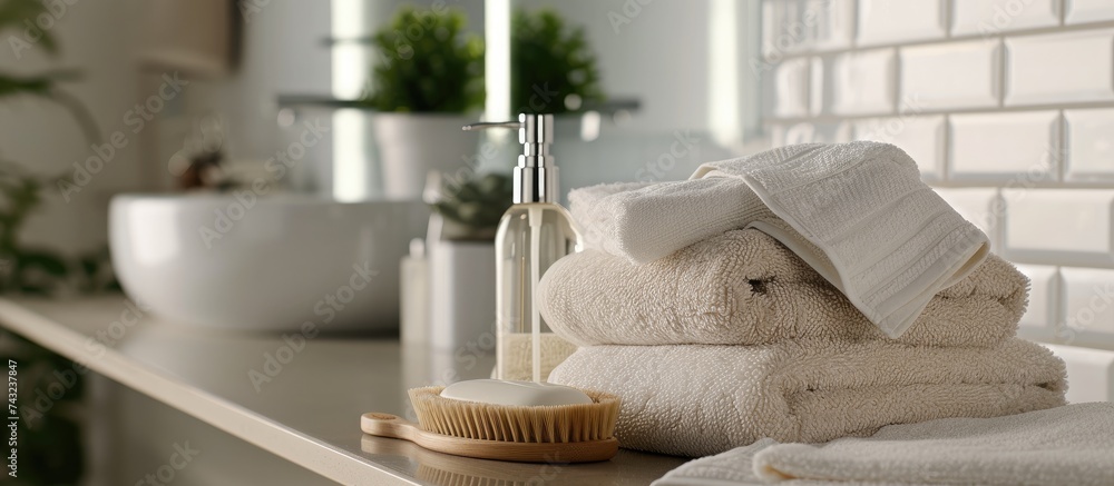 Aufkleber a closeup view of a stack of neatly folded white towels placed on a countertop in a bathroom. adjace