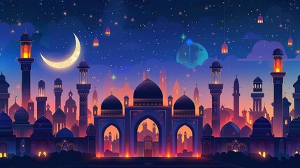 Ramadan Kareem. Eid Mubarak. Vector Muslim Islamic illustration of night city with mosque, crescent and lanterns, traditional carpet pattern, Arabic gate and Muslim for greeting card, poster - obrazy, fototapety, plakaty