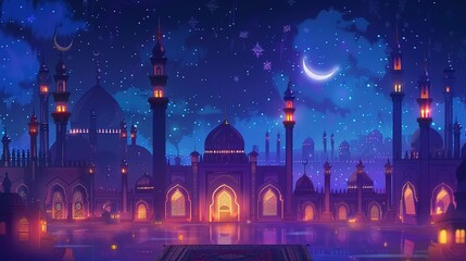 Fototapeta na wymiar Ramadan Kareem. Eid Mubarak. Vector Muslim Islamic illustration of night city with mosque, crescent and lanterns, traditional carpet pattern, Arabic gate and Muslim for greeting card, poster
