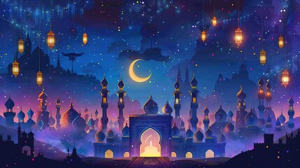 Ramadan Kareem. Eid Mubarak. Vector Muslim Islamic illustration of night city with mosque, crescent and lanterns, traditional carpet pattern, Arabic gate and Muslim for greeting card, poster - obrazy, fototapety, plakaty