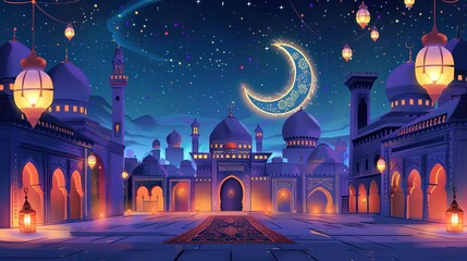 Ramadan Kareem. Eid Mubarak. Vector Muslim Islamic illustration of night city with mosque, crescent and lanterns, traditional carpet pattern, Arabic gate and Muslim for greeting card, poster