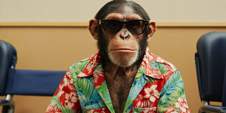 A male chimpanzee exudes cool vibes in a Hawaiian shirt and sunglasses, lounging in style as he awaits his next adventure at the airport.
