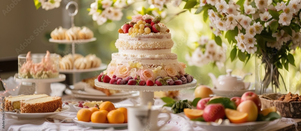 Aufkleber a table adorned with a sumptuous cake topped with a vibrant array of assorted fruits, creating a del