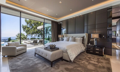 Fototapeta na wymiar Luxurious Modern Bedroom with Panoramic Sea View