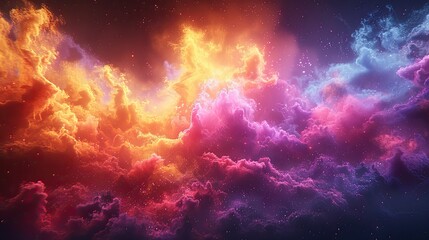 a detailed 3d render of a vivid pigment explosion on colorful background, infinite fractal disappearing into infinity into a bright yellow and purple and orange horizon, Heavy Theme in the style of Sa - obrazy, fototapety, plakaty