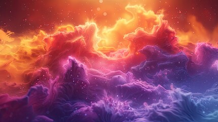 a detailed 3d render of a vivid pigment explosion on colorful background, infinite fractal disappearing into infinity into a bright yellow and purple and orange horizon, Heavy Theme in the style of Sa - obrazy, fototapety, plakaty