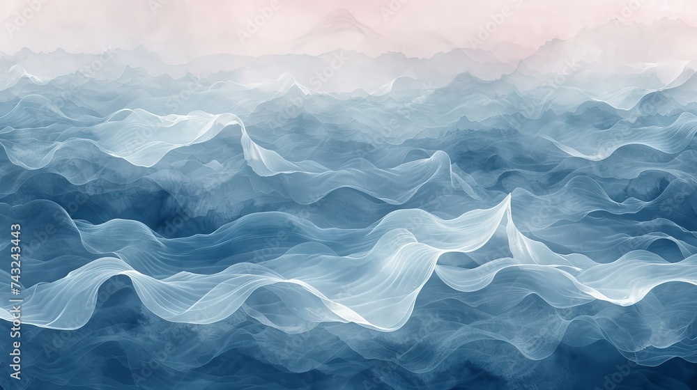 Poster an artistic representation of serene blue waves flowing in layers, creating a tranquil and soothing 
