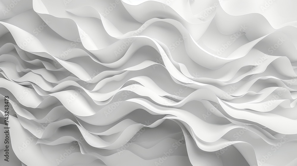 Poster a serene and elegant 3d abstract design with flowing white waves, creating a sense of calm and simpl
