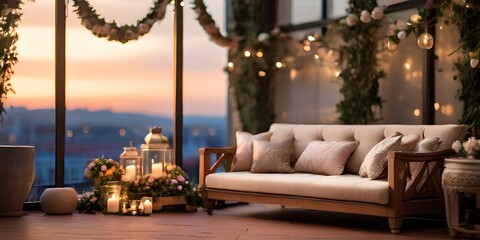 A empty cozy outdoor rooftop terrace with garlands and glowing lamps. A plush sofa and elegant coffee table desk for relaxation. outdoor living room pergola patio decorated with string lights - obrazy, fototapety, plakaty