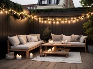 A empty cozy outdoor rooftop terrace with garlands and glowing lamps. A plush sofa and elegant coffee table desk for relaxation. outdoor living room pergola patio decorated with string lights
