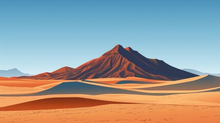 Fototapeta na wymiar Digital illustration of a serene desert landscape with undulating sand dunes leading to striking mountain ridges against a clear sky.
