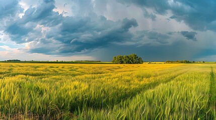 Natural rural summer panoramic landscape Wheat field against stormy sky with dark clouds Nature before thunderstorm : Generative AI
