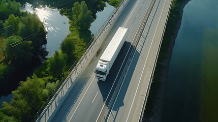 Aerial view of white cargo truck crossing bridge on highway near Kaunas Lithuania : Generative AI - obrazy, fototapety, plakaty