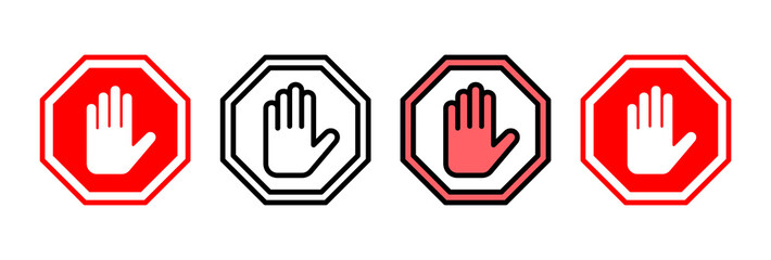 Stop icon vector illustration. stop road sign. hand stop sign and symbol. Do not enter stop red sign with hand