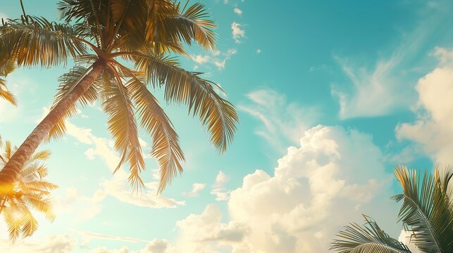 Summer landscape with palm trees along the tropical coast against the blue sky with white clouds at sunrise : Generative AI
