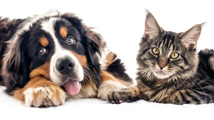 Happy pets Adorable Bernese Mountain Dog puppy and gray tabby cat on white background Banner design : Generative AI