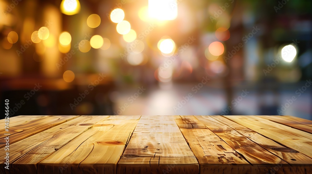 Poster top of empty wood table with bar cafe restaurant blurred background product display template busines