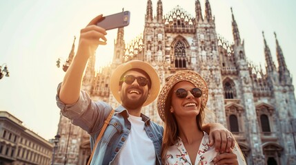 Happy couple taking selfie in front of Duomo cathedral in Milan Lombardia Two tourists having fun on romantic summer vacation in Italy Holidays and traveling lifestyle concept : Generative AI