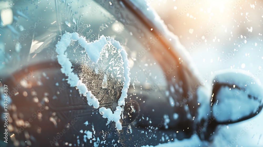 Poster Snow background Texture of wet snow with drawing a heart symbol in the winter window glass of the car outdoors closeup Happy romantic image : Generative AI