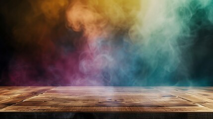empty wooden table with colorful smoke float up on dark background : Generative AI