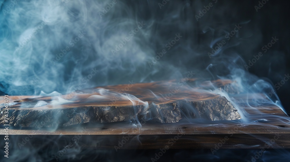 Poster old wood table top with smoke in the dark background : generative ai