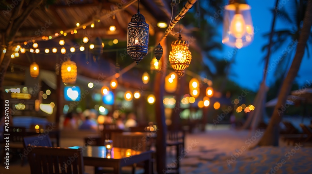 Poster a beautiful defocused landscape of a beach restaurant and club with glittering lanterns and lamps ha
