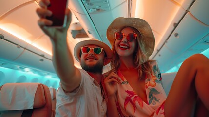 Happy tourist taking selfie inside airplane Cheerful couple on summer vacation Passengers boarding on plane Holidays and transportation concept : Generative AI