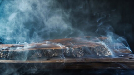 Old wood table top with smoke in the dark background : Generative AI