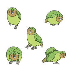 Set of cute cartoon kakapo parrots. Vector illustration isolated on white background.