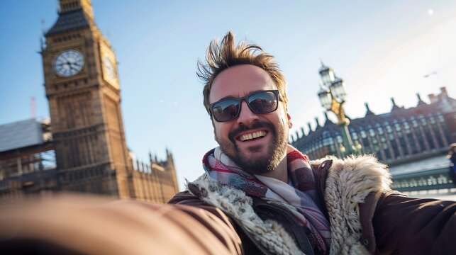 Smiling man taking selfie portrait during travel in London England Young tourist male taking memory pic with iconic england landmark Happy people wandering around Europe concept : Generative AI