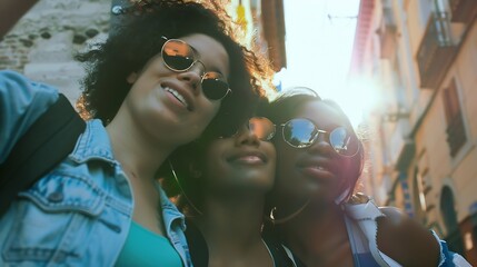 Three young multiracial women having fun on city street outdoors Mixed race female friends enjoying a holiday day out together Happy lifestyle youth and young females concept : Generative AI