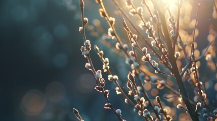 Flowering willow branches glow in sunlight outdoors in spring on dark background closeup macro Atmospheric artistic image with beautiful bokeh : Generative AI - obrazy, fototapety, plakaty