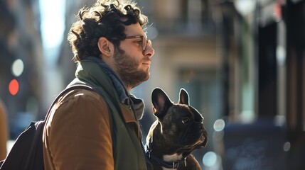 Man with his dog French Bulldog in the street : Generative AI