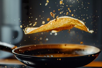 A crepe pancake flying up and flipping out of a metal frying pan.