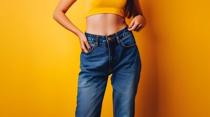 Happy young woman with slim body in oversized jeans on yellow background space for text Weight loss : Generative AI - obrazy, fototapety, plakaty