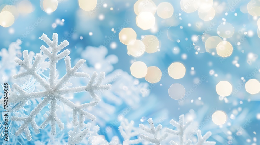 Poster Background for christmas and new year Light blue snowflake texture with sparkles closeup macro with soft focus Template for the congratulate text : Generative AI