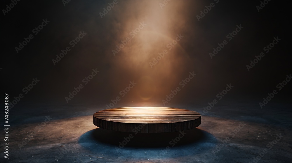Fototapete image of a wooden table on an abstract dark background with light in the center : generative ai